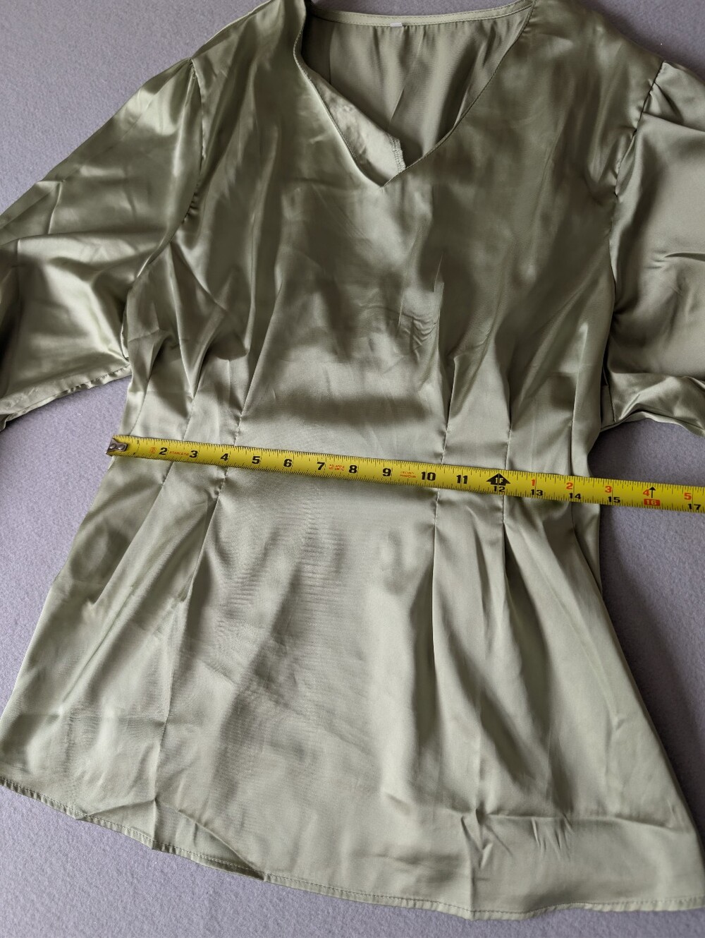Satin Tailored Sage Green Long Sleeve V Neck Blouse Quiet Luxury Smocked Sz XXL image 6